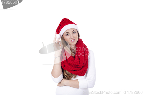 Image of young beautiful woman with red scarf and christmas hat