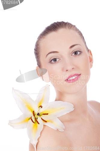 Image of young beautiful woman portrait with white flower