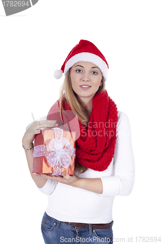 Image of young smiling girl with red hat and present christmas