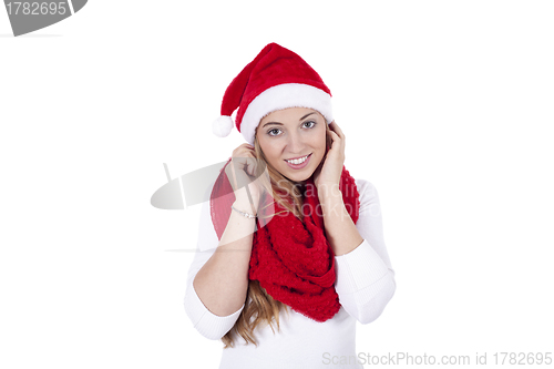 Image of young beautiful woman with red scarf and christmas hat