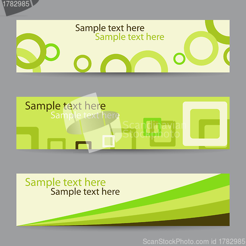 Image of Collection of green horizontal banners with circles, squares and ribbon