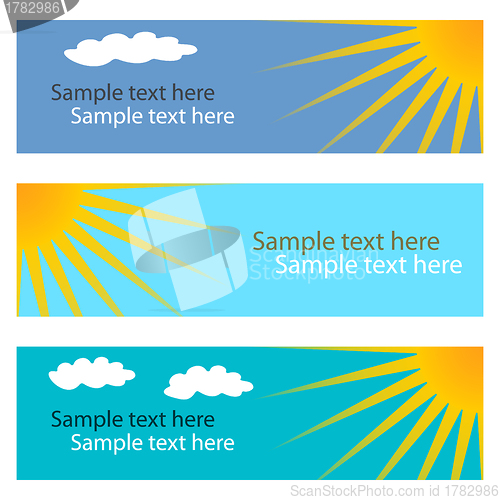 Image of Collection of blue horizontal banners with sun. 