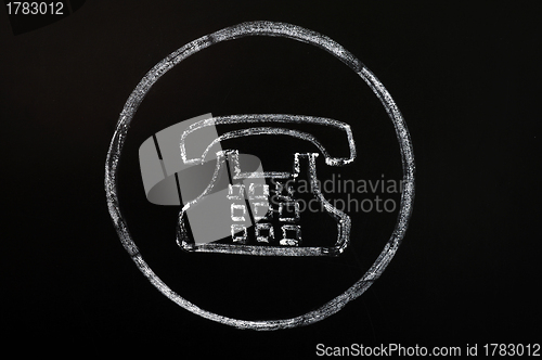 Image of Old phone symbol drawn with chalk on blackboard background