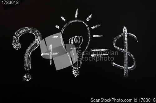 Image of Conceptual idea of light bulb drawn on black chalkboard 