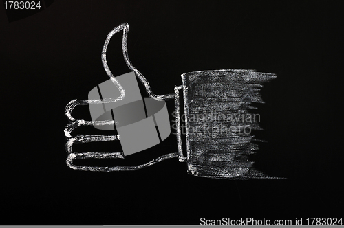 Image of Chalk drawing of thumb up sign on blackboard background