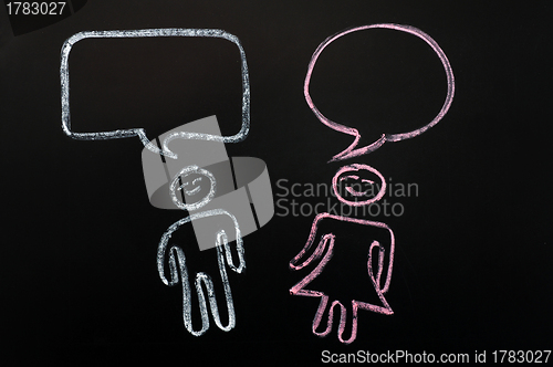 Image of Chalk drawing of blank speech bubbles with human figures