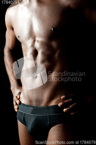 Image of Shirtless underwear male model posing in style
