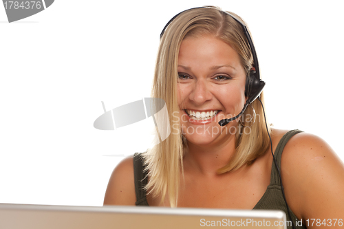 Image of Beautiful Friendly Customer Support Girl and Computer