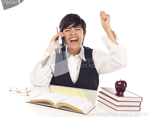 Image of Excited Mixed Race Female Student on Cell Phone Cheers