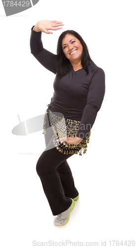 Image of Attractive Hispanic Woman Dancing Zumba on White