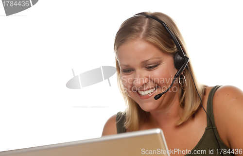 Image of Beautiful Friendly Customer Support Girl and Computer