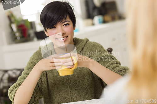 Image of Mixed Race Young Attractive Woman Socializing with Friend