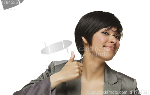 Image of Happy Young Mixed Race Woman With Thumbs Up on White