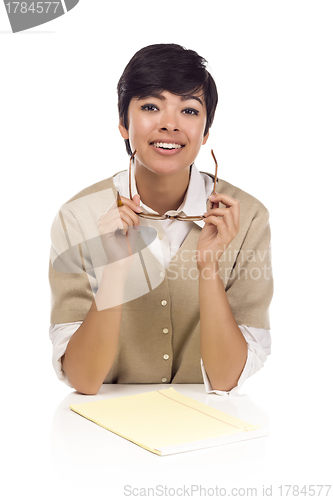 Image of Smiling Mixed Race Female Student at Desk