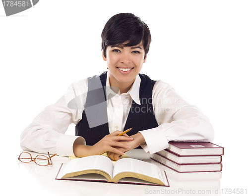 Image of Smiling Mixed Race Female Student with Books Isolated