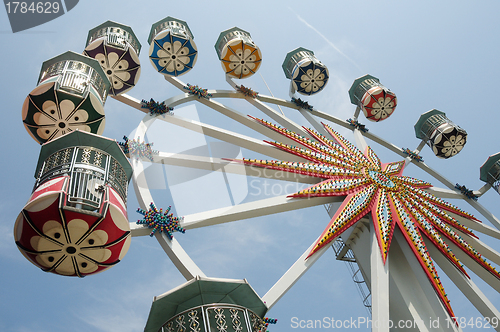 Image of Ferris wheel against blue sky