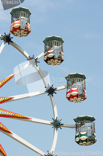 Image of Ferris wheel against blue sky