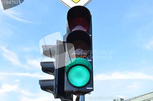 Image of Green color traffic light blue sky in background 