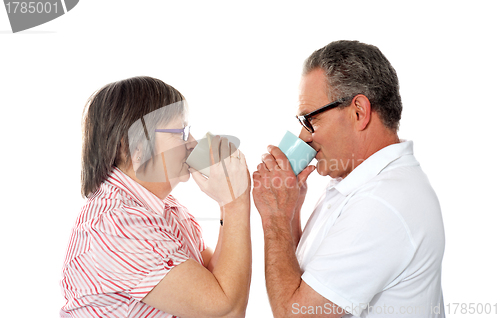 Image of Aged love couple drinking coffee