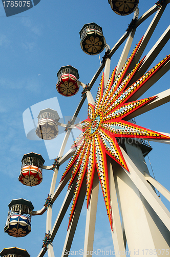 Image of Ferris wheel against blue sky