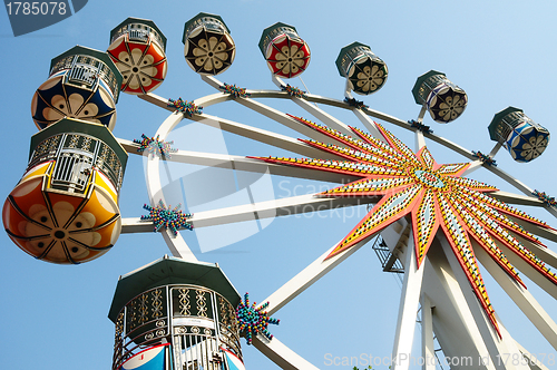 Image of Ferris wheel against blue sky