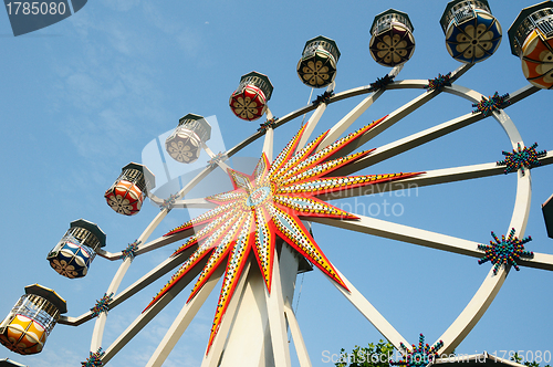 Image of Ferris wheel against blue sky