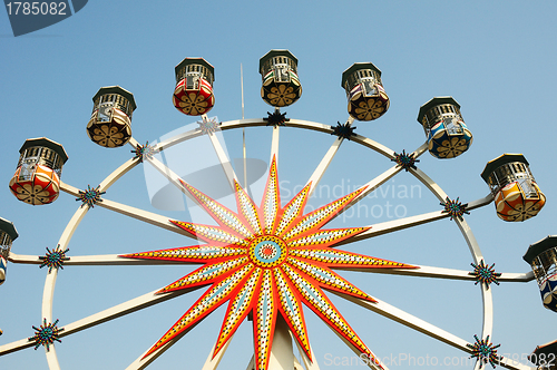 Image of Ferris wheel against blue sky