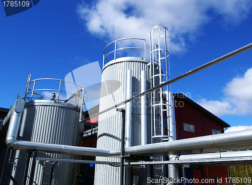 Image of Industrial zone, Steel pipelines and cables in blue tones