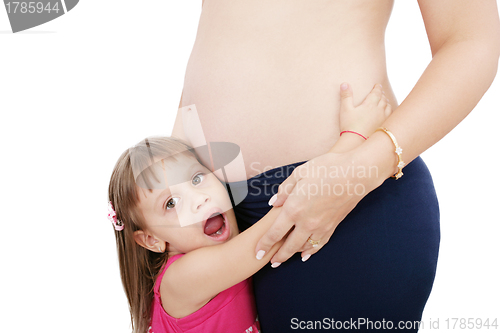 Image of Little cute girl embracing her pregnant mother 