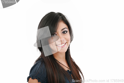 Image of Portrait of a happy woman smiling against white background