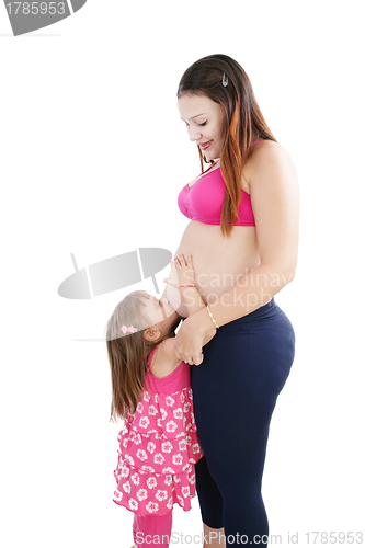 Image of Nice Caucasian woman pregnant with her daughter on the backgroun