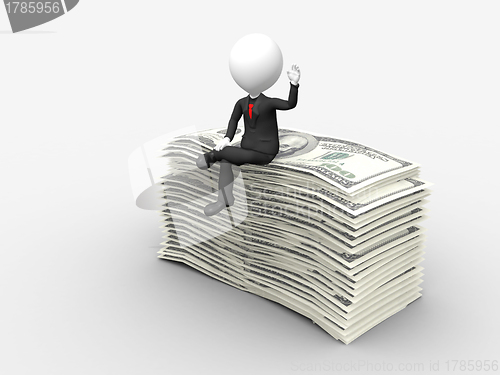 Image of 3d businessman sitting on top of stack of dollar with hand raise