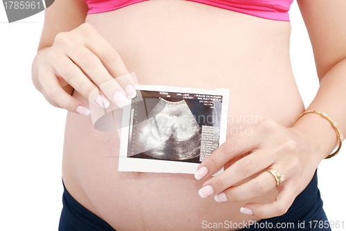 Image of Pregnant woman's belly and ultrasound over white background. 