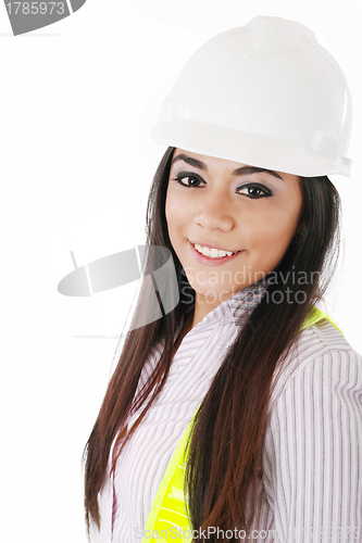 Image of Engineer woman in white helmet isolated on white background