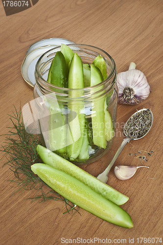 Image of Cucumber slices are placed in a jar