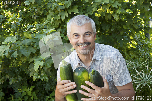 Image of Satisfied man with three zucchin