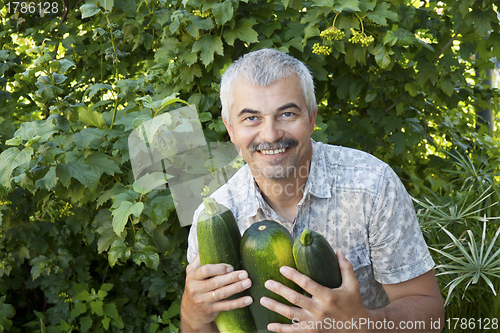 Image of Satisfied man with three zucchin