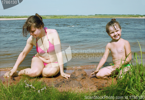 Image of Mum with a daughter play on river bank