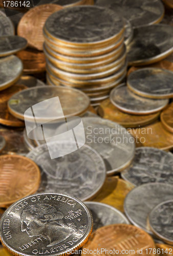 Image of Pile of loose US coins in macro