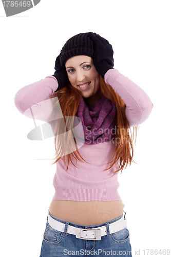 Image of young beautiful woman with hat gloves and scarf in winter isolated