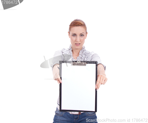 Image of young woman with clipboard isolated on white