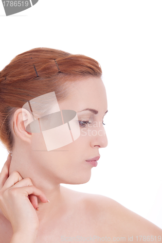 Image of portrait of young beautiful woman with perfect face natural