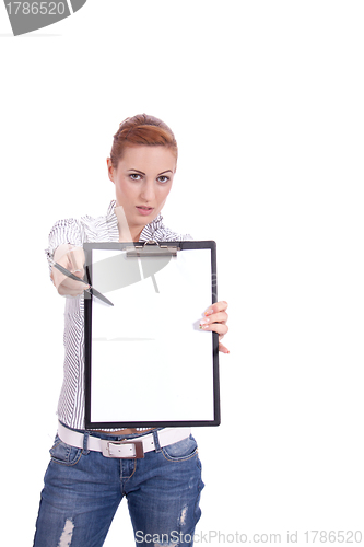 Image of young woman with clipboard isolated on white