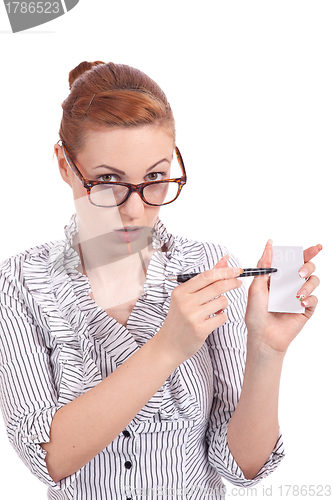 Image of beautiful young girl is holding a blank card in hand isolated