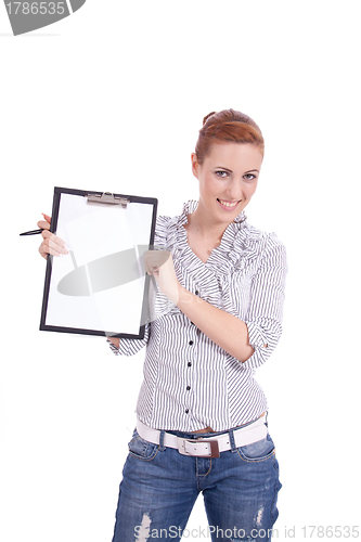 Image of young woman with clipboard isolated on white