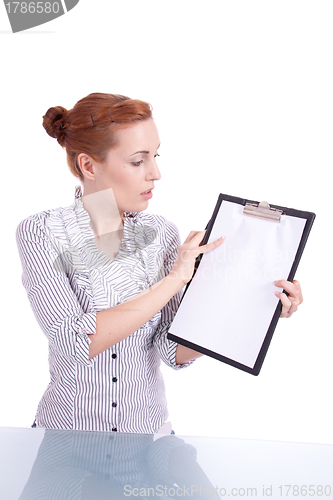 Image of young woman with clipboard isolated on white