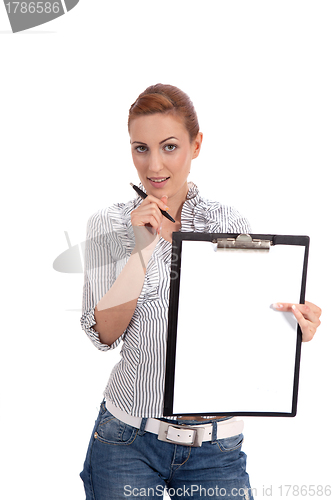 Image of young woman with clipboard isolated on white