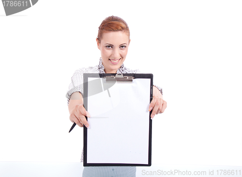 Image of young woman with clipboard isolated on white