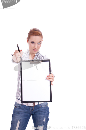 Image of young woman with clipboard isolated on white