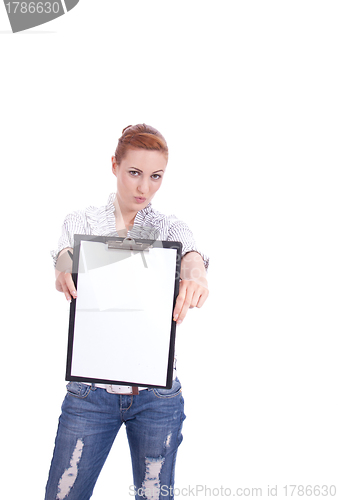 Image of young woman with clipboard isolated on white